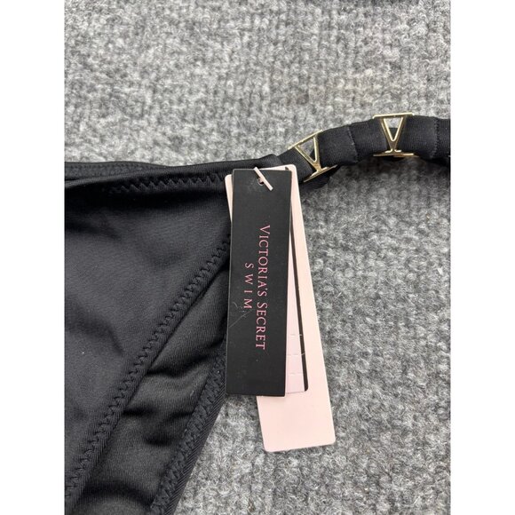 Victorias Secret Bikini Swimsuit Womens Medium Black Triangle Top Bottom Gold V - Picture 2 of 9